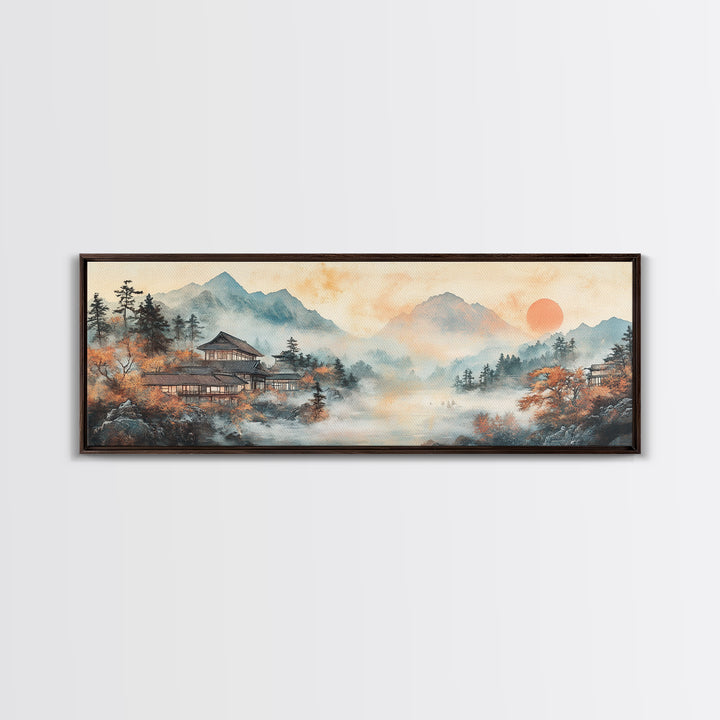 Misty Mountain Temple Framed Canvas Print, Japanese Landscape Art, Zen Lake Wall Decor, Panoramic Living Room Decor Gift