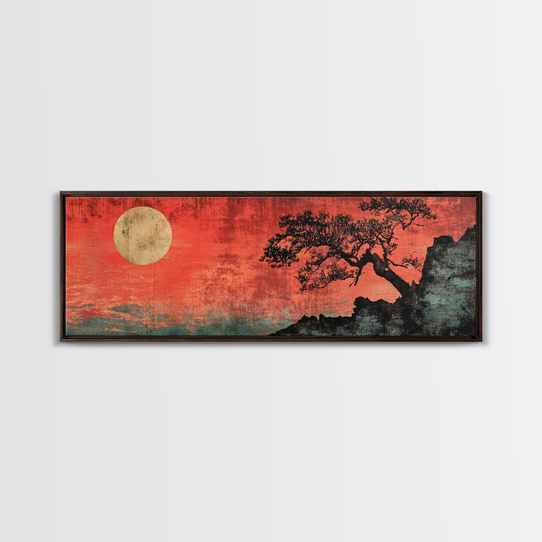 Red Moon Bonsai Silhouette Framed Canvas Print, Japanese Zen Landscape, Moody Wall Art, Asian Decor For Living Room Decor