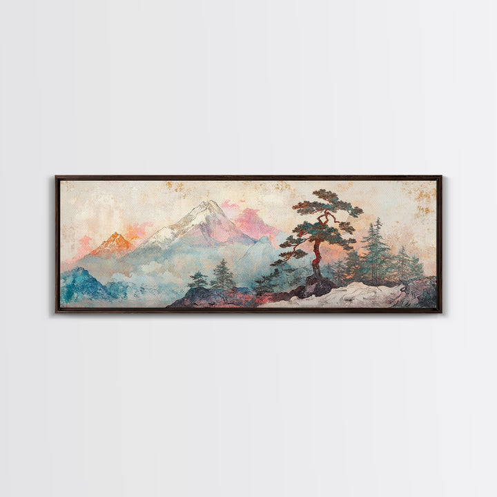Snowy Mount Fuji Pine Canvas Print, Japanese Mountain Landscape, Winter Wall Art, Zen Nature Decor, Above Sofa Wall Decor