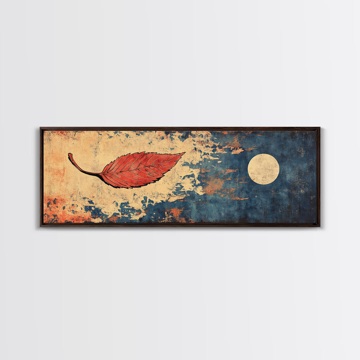 Red Autumn Leaf Wall Art, Japanese Minimalist Print, Navy Blue Canvas, Nature Inspired Decor, Modern Asian Home Decor Gift