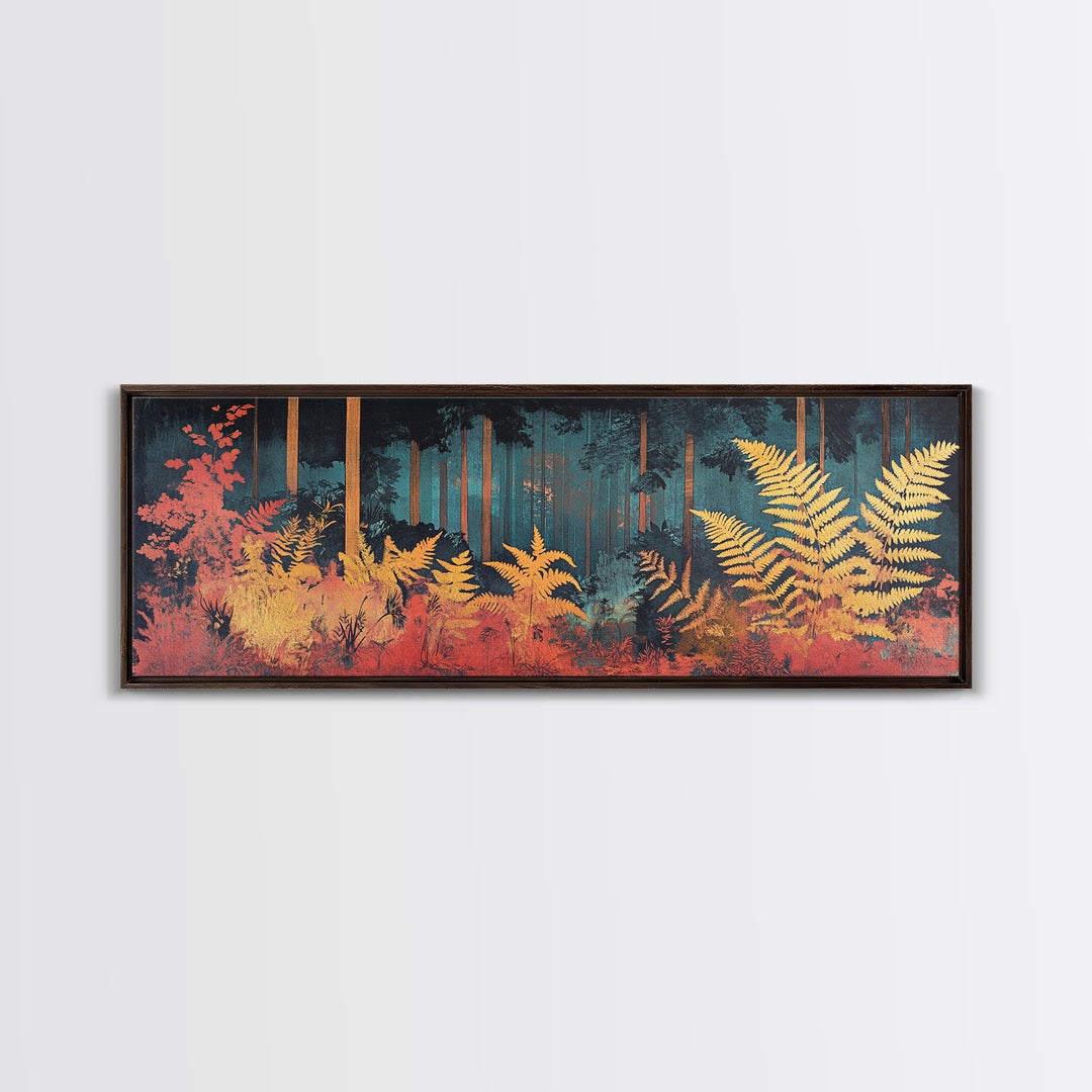 Golden Fern Forest Framed Canvas Print, Japanese Botanical Wall Art, Moody Nature Decor, Panoramic Living Room Artwork Gift