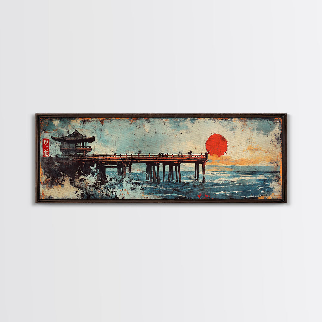 Japanese Pier Red Sun Wall Art, Ocean Waves Canvas Print, Asian Coastal Decor, Pagoda Seascape, Living Room Wall Art Print