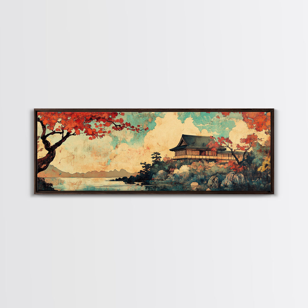 Japanese Temple Red Maple Wall Art, Mount Fuji Lake Canvas Print, Japandi Decor, Asian Landscape, Living Room Wall Art Print