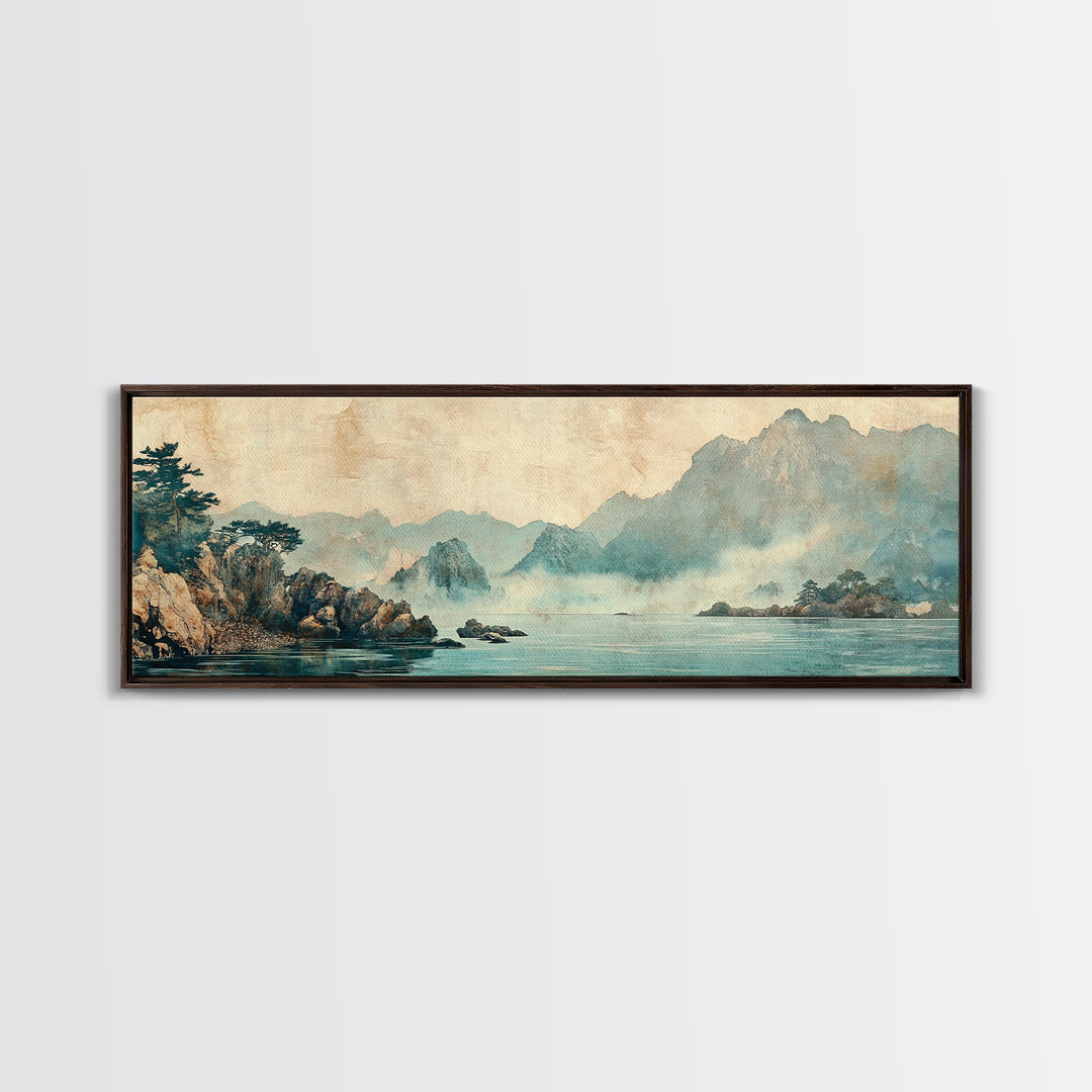 Misty Blue Mountain Lake Wall Art, Japanese Landscape Print, Zen Nature Decor, Panoramic Living Room Wall Decor, Calming Home Decor