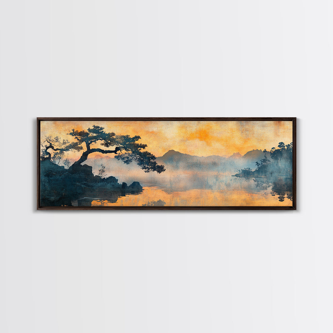 Orange Sunset Pine Lake Canvas Print, Japanese Landscape Wall Art, Moody Nature Decor, Zen Living Room Wall Decor, Warm Home Decor