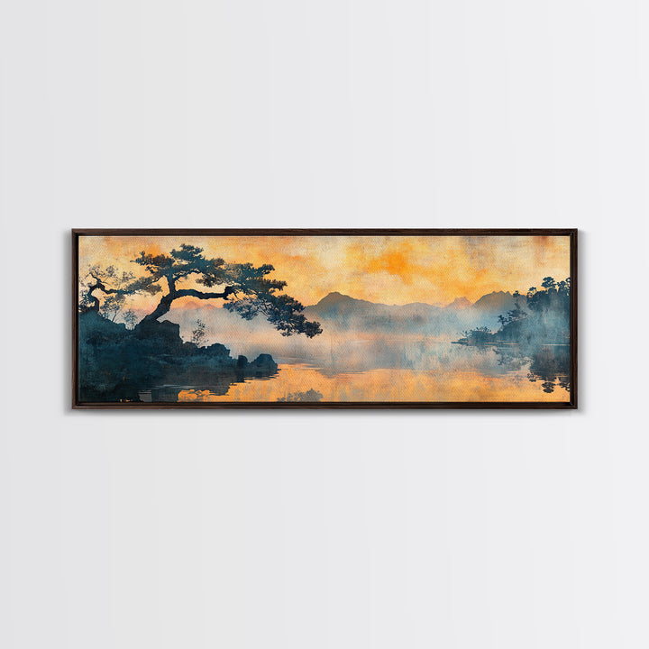 Orange Sunset Pine Lake Canvas Print, Japanese Landscape Wall Art, Moody Nature Decor, Zen Living Room Wall Decor, Warm Home Decor