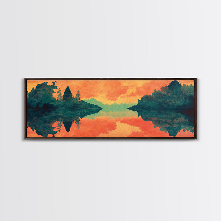 Orange Lake Reflection At Sunset Canvas Print, Forest Landscape Wall Art, Modern Nature Decor, Large Living Room Art, Home Decor