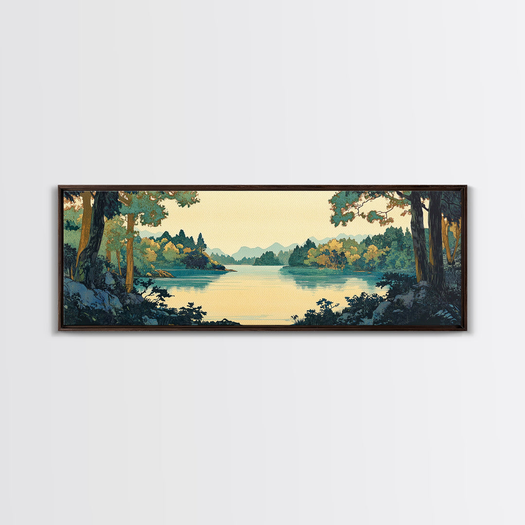 Framed Lake Through Forest Trees Wall Art, Japanese Landscape Print, Scenic Nature Decor, Blue Green Living Room Decor, Home Decor