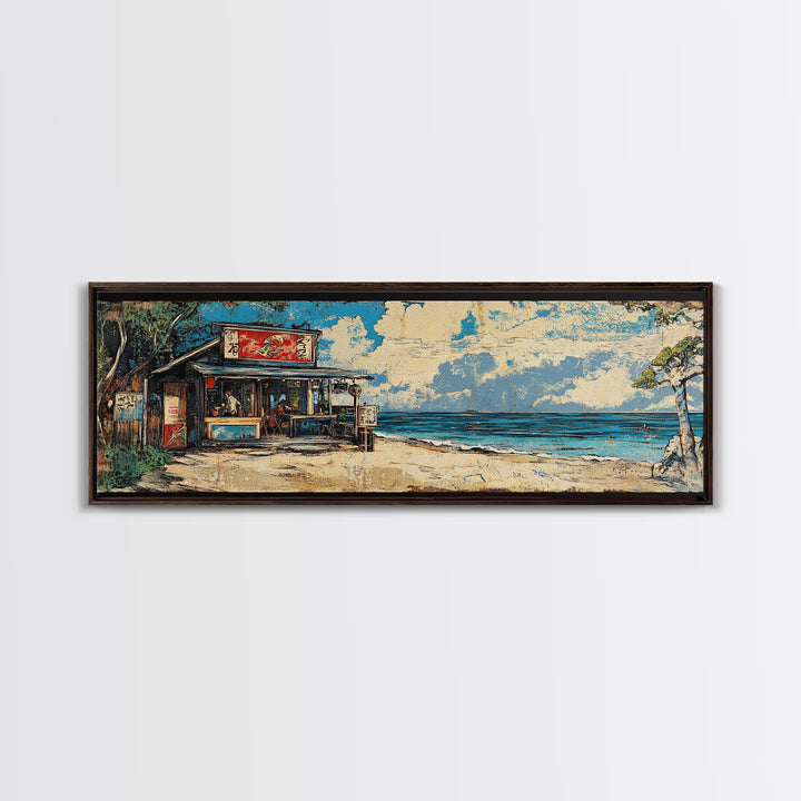 Beachfront Asian Food Shack Wall Art, Tropical Ocean Canvas Print, Coastal Kitchen Decor For Beach House Living Room Decor