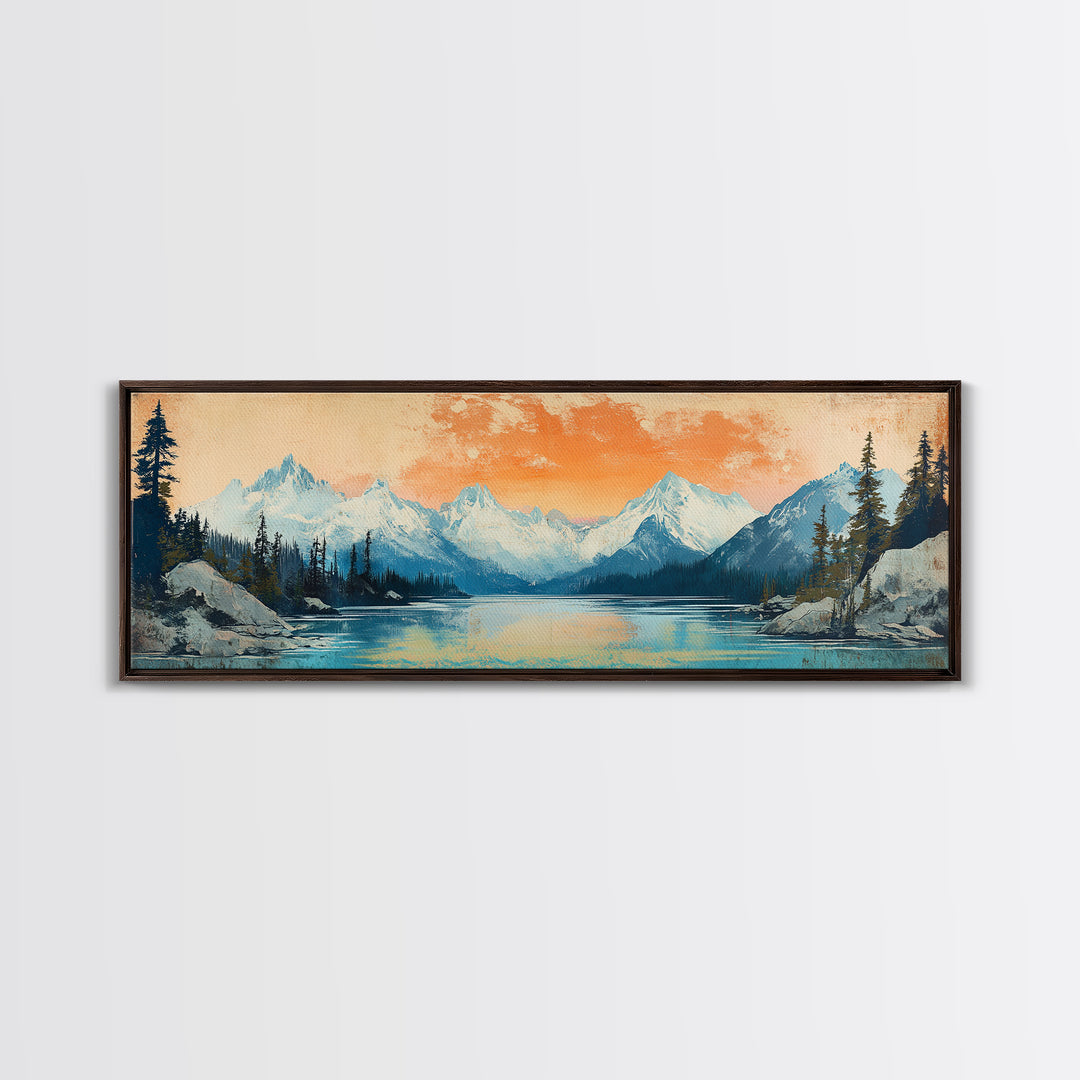 Orange Sunset Alpine Lake Wall Art, Snowy Mountain Landscape Print, Rustic Cabin Decor, Large Horizontal Canvas Home Decor