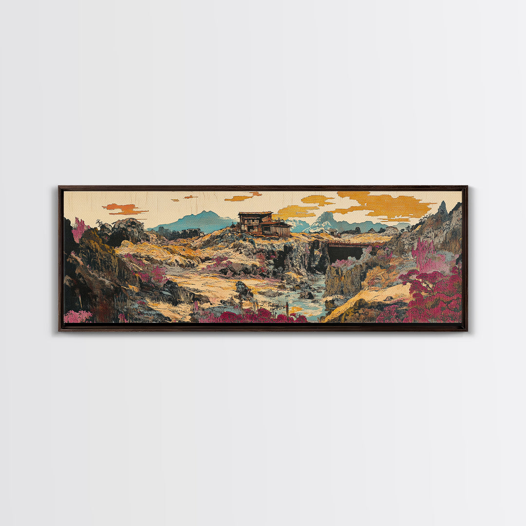Desert Canyon Cabin And Pink Wildflowers Wall Art, Southwestern Landscape Canvas, Modern Rustic Decor, Earth Tone Home Decor