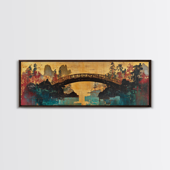 Arched Bridge Over Autumn River Canvas Print, Japanese Garden Landscape, Japandi Wall Art, Tranquil Living Room Wall Decor