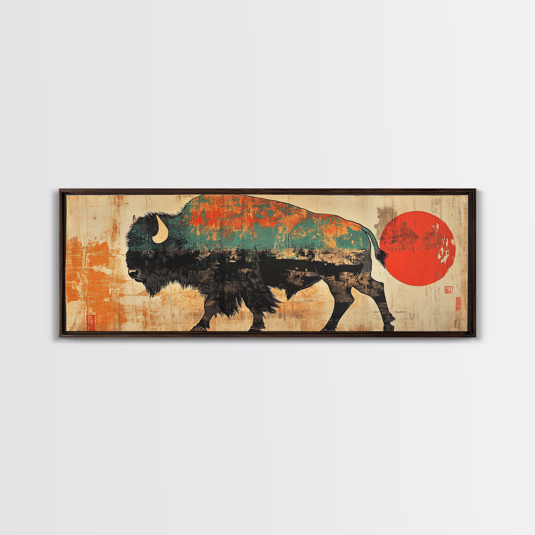 Turquoise Bison Red Sun Canvas Print, Southwestern Wall Art, Western Home Decor, Rustic Statement Living Room Art, Large Wall Decor