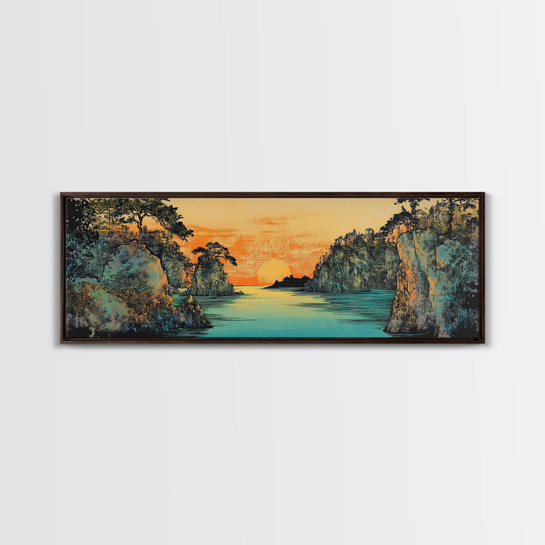 Teal River Canyon Sunset Framed Canvas Print, Coastal Landscape Wall Art, Japandi Decor, Panoramic Above Sofa Art For Living Room Decor