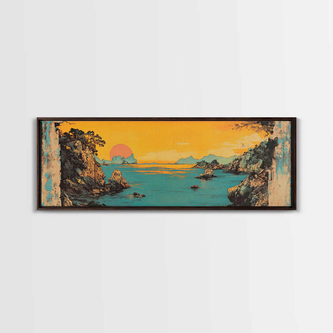 Turquoise Sea Cliff Sunset Canvas Print, Coastal Wall Art, Japanese Landscape Decor, Panoramic Beach House Wall Decor, Large Art