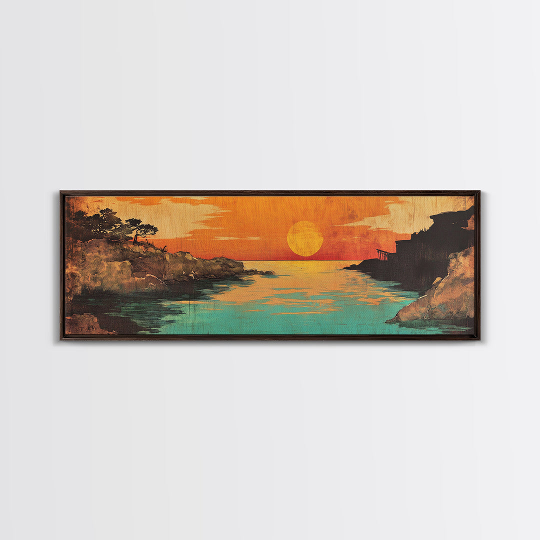 Orange Sunset River Inlet Wall Art, Japanese Coastal Canvas Print, Tranquil Landscape Decor, Above Bed Living Room Art, Large Art