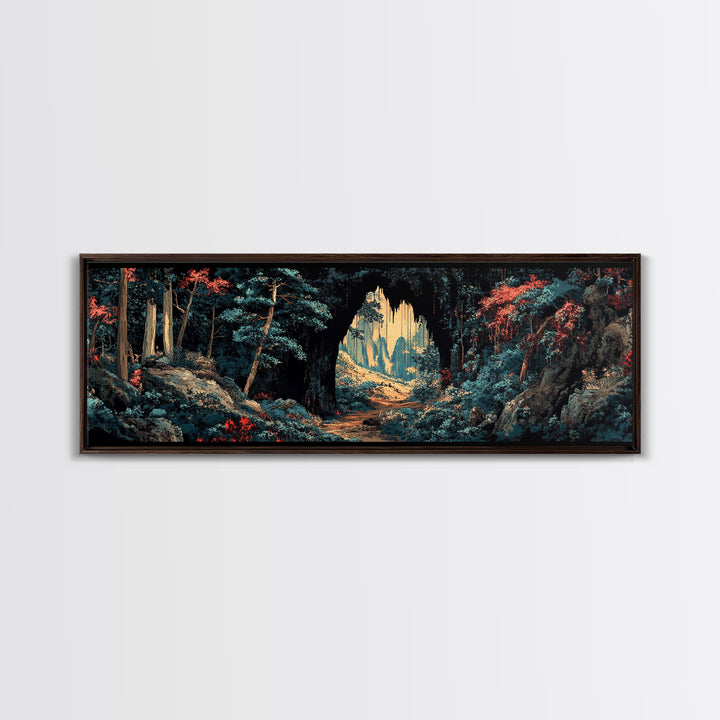 Dark Forest Cave Path Canvas Print, Moody Landscape Wall Art, Fantasy Woodland Decor, Panoramic Statement Living Room Art