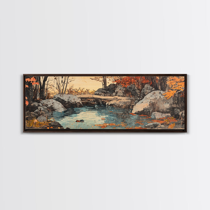 Autumn Rocky Creek Canvas Print, Japanese Landscape Painting, Rustic Nature Wall Decor, Panoramic Living Room Art, Home Decor