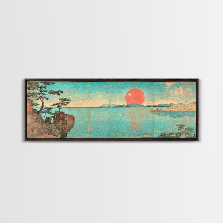 Turquoise Japanese Sea Sunset Framed Canvas Print, Coastal Landscape Wall Decor, Minimalist Panoramic Living Room Art Print