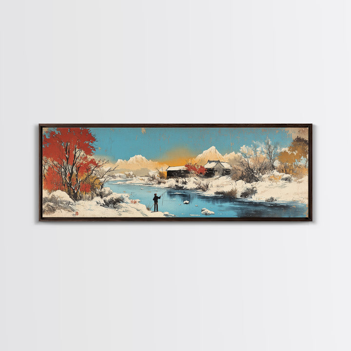 Snowy Mountain Village Wall Art, Japanese Winter Landscape Canvas, Serene Nature Decor, Panoramic Living Room Art Print For Home Decor