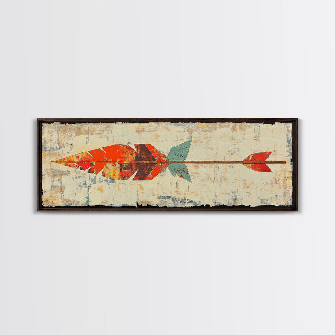 Rustic Painted Arrow With Red Feathers Wall Art, Southwestern Canvas Print, Boho Western Decor, Long Horizontal Art Print