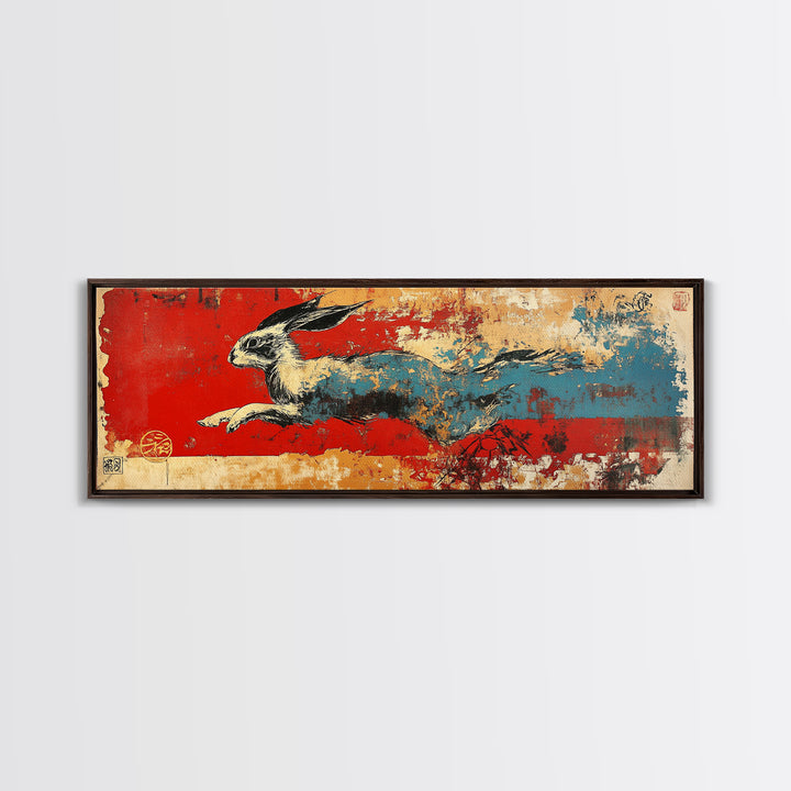 Running Hare Over Red And Blue Brushstrokes Wall Art, Japanese Rabbit Canvas Print, Whimsical Animal Decor, Bold Wall Decor