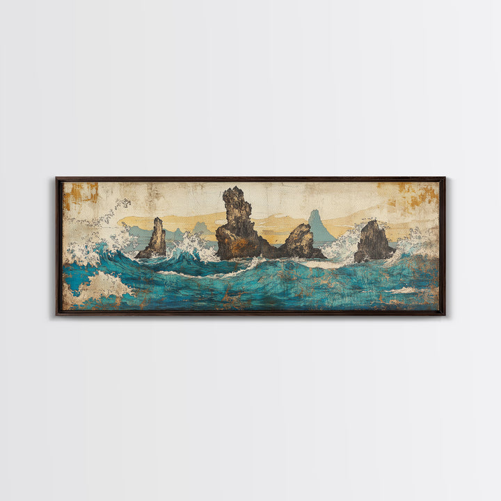 Jagged Sea Stacks In Turquoise Waves Wall Art, Large Panoramic Coastal Seascape Canvas Print, Nautical Decor, Moody Landscape Art
