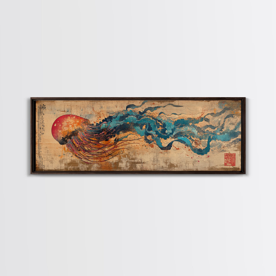 Abstract Jellyfish With Red Sun And Blue Waves Wall Art, Japanese Ocean Canvas Print, Marine Life Decor, Statement Artwork