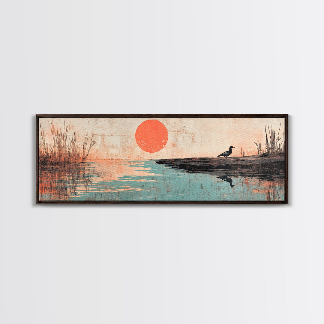 Red Sun Over Still Lake And Lone Bird Wall Art, Japanese Landscape Canvas Print, Peaceful Nature Decor, Wide Wall Art, Zen Decor