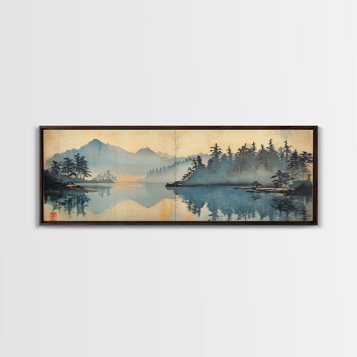 Misty Blue Mountain Lake And Pine Forest Wall Art, Japanese Landscape Canvas Print, Nature Decor, Calming Living Room Art