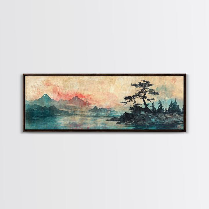 Red Mist Mountains With Lone Pine Wall Art, Japanese Landscape Canvas Print, Moody Nature Decor, Panoramic Living Room Art
