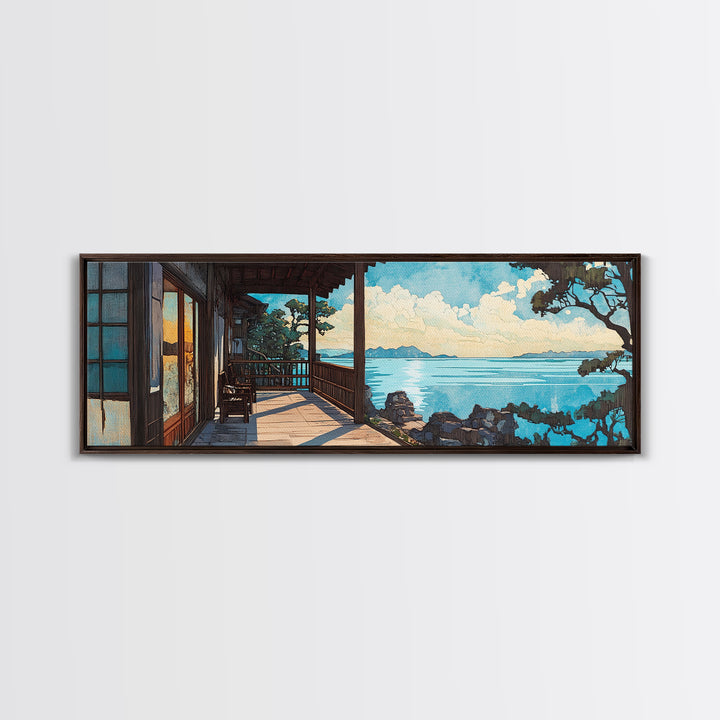 Sunny Japanese Veranda Over Blue Sea Canvas Print, Coastal Wall Art, Beach House Decor, Japandi Living Room Wall Art, Home Decor