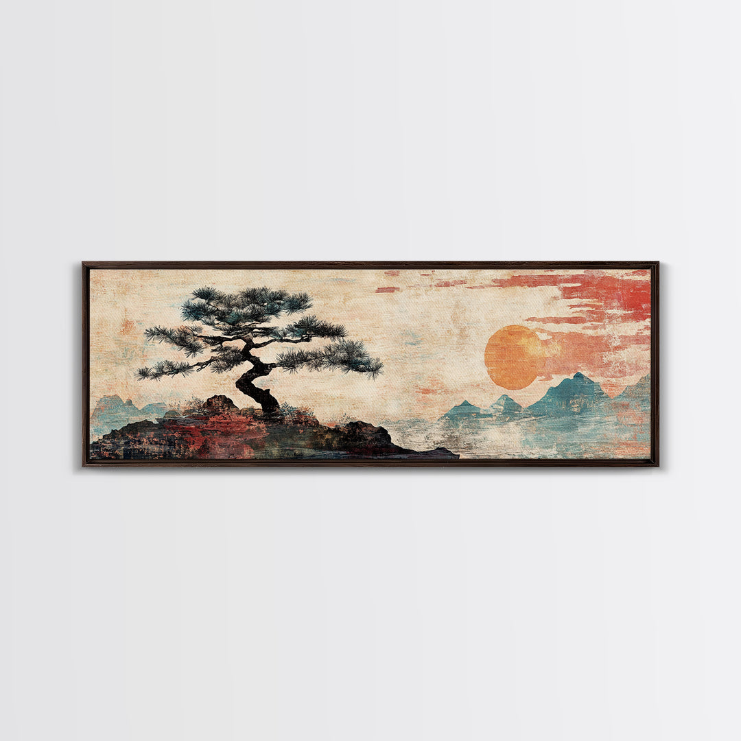 Solitary Pine And Orange Sun Wall Art, Japanese Mountain Landscape Canvas Print, Zen Decor, Minimalist Nature Wall Art, Japandi Decor