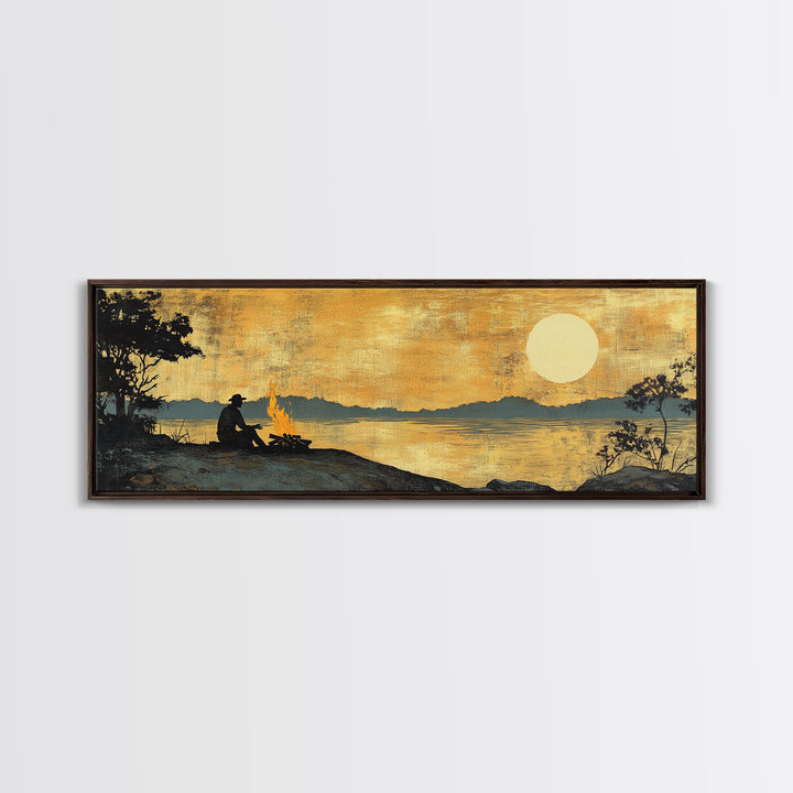 Lakeside Campfire Silhouette Under Golden Sunset Wall Art, Rustic Cabin Canvas Print, Nature Landscape, Lake House Decor, Gift For Him