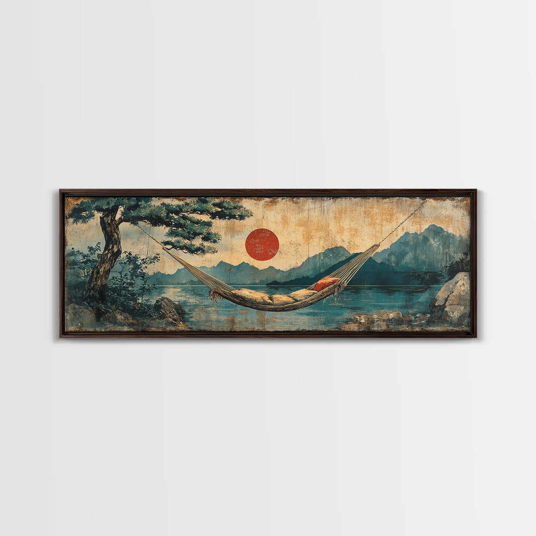 Mountain Lake Hammock Beneath Red Sun Wall Art, Japandi Landscape Canvas Print, Tranquil Zen Decor, Above Bed Art, Living Room Decor
