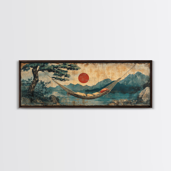 Mountain Lake Hammock Beneath Red Sun Wall Art, Japandi Landscape Canvas Print, Tranquil Zen Decor, Above Bed Art, Living Room Decor