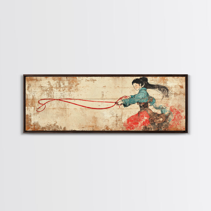 Asian Warrior Woman With Flowing Red Ribbon Canvas Print, Martial Arts Wall Art, Strong Female Art, Japanese Decor Gift For Her