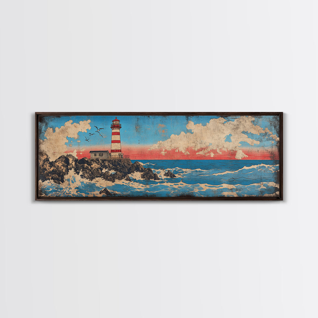 Striped Lighthouse On Rocky Shore With Ocean Waves Wall Art, Nautical Canvas Print, Coastal Decor, Beach House Gift, Seascape Art