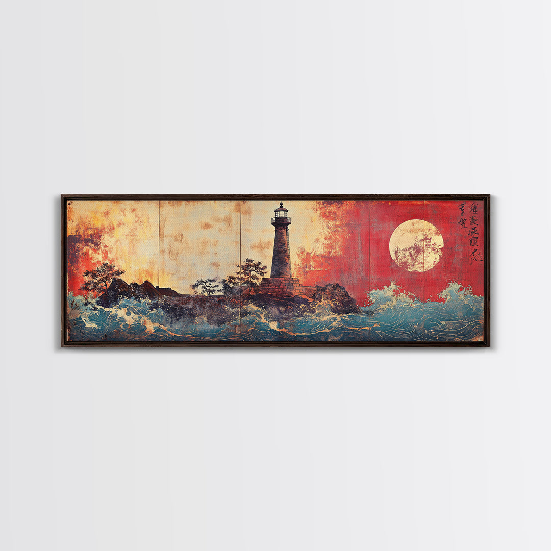 Japanese Lighthouse Seascape With Red Moon Wall Art, Coastal Nautical Canvas Print, Ocean Landscape Decor, Japandi Home Gift