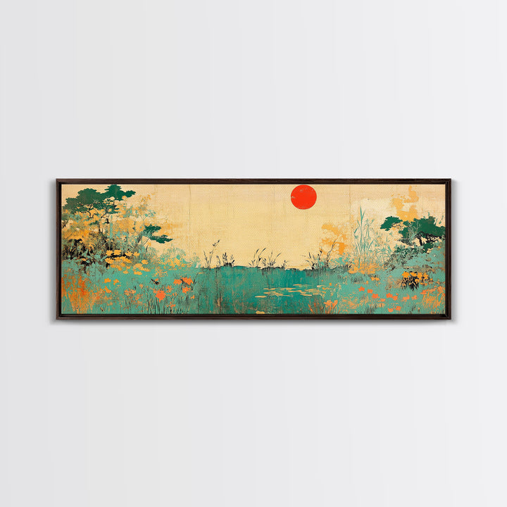 Red Sun Wildflower Marsh Landscape Wall Art, Japanese Inspired Panoramic Canvas, Nature Print, Japandi Living Room Decor