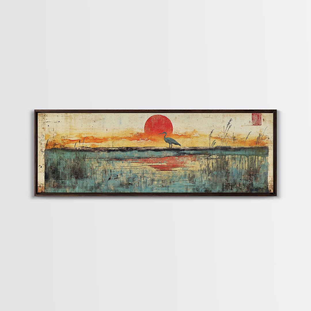 Blue Marsh Heron Red Sun Wall Art, Japanese Inspired Landscape Print, Coastal Wetlands Decor, Serene Bedroom Wall Decor Print