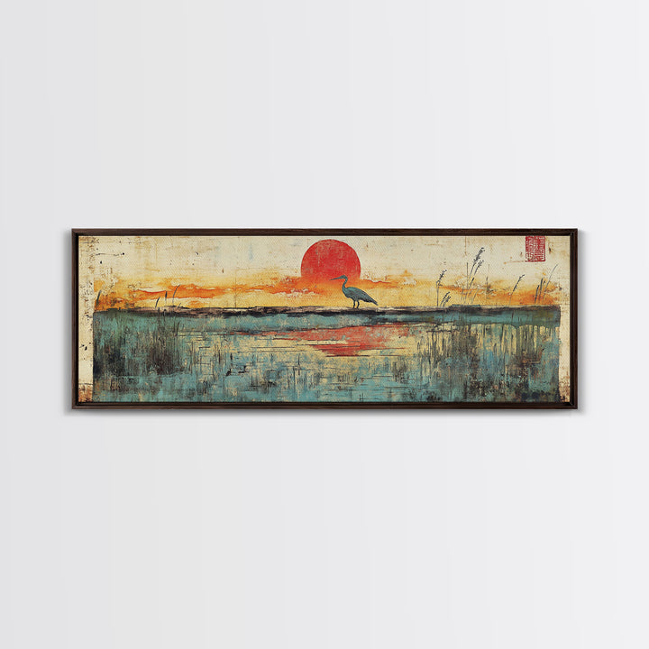 Blue Marsh Heron Red Sun Wall Art, Japanese Inspired Landscape Print, Coastal Wetlands Decor, Serene Bedroom Wall Decor Print