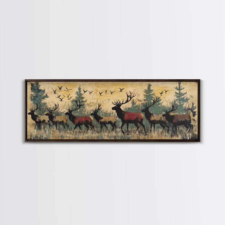 Elk Herd Forest Wildlife Wall Art, Rustic Panoramic Canvas Print, Lodge Cabin Decor, Nature Lover Gift For Him, Living Room Wall Decor
