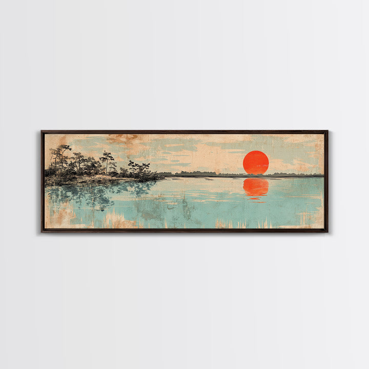 Red Sun Over Serene Teal Lake Wall Art, Japanese Landscape Print, Panoramic Canvas, Japandi Living Room Decor, Coastal Home Decor