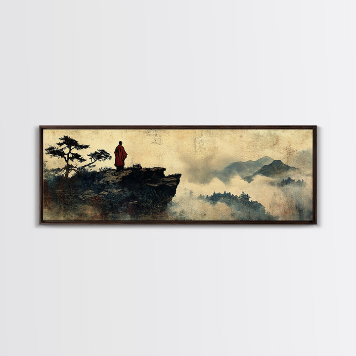 Solitary Monk On Misty Mountain Cliff Wall Art, Asian Landscape Print, Zen Meditation Decor, Japandi Office Wall Decor Art