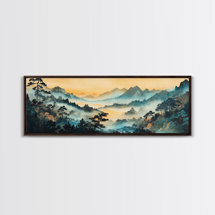 Misty Blue Mountain Valley Canvas Print, Asian Landscape Wall Art, Panoramic Nature Print, Japandi Living Room Decor, Housewarming Gift