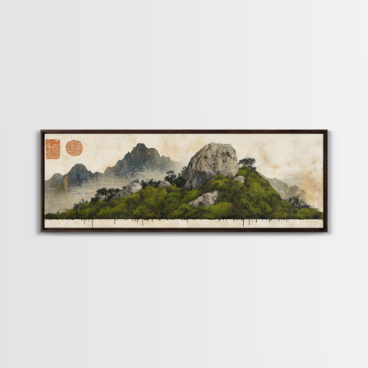 Green Moss Island With Ink Mountains Wall Art, Asian Landscape Print, Chinese Brush Style, Zen Home Decor, Office Wall Art