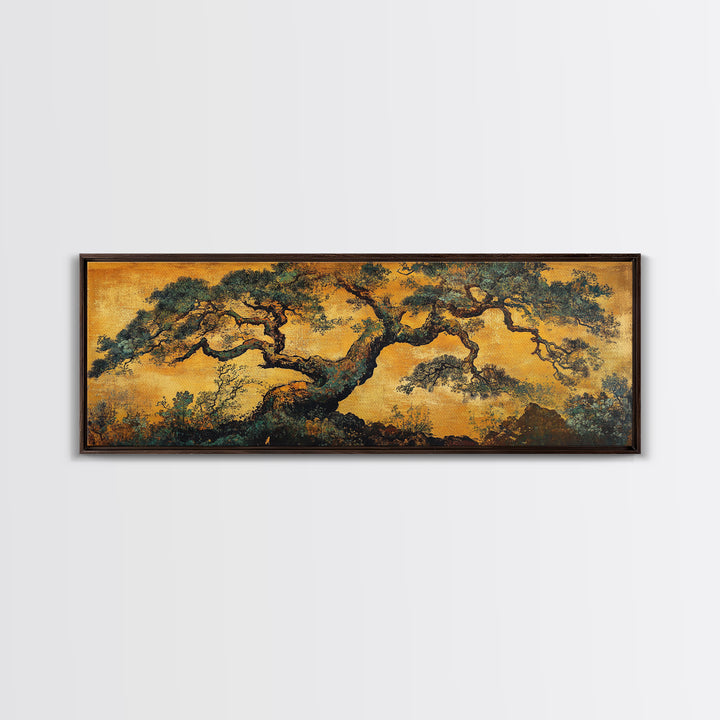 Ancient Pine Tree In Golden Forest Wall Art, Rustic Asian Landscape Print, Nature Inspired Art, Japandi Home Decor Gift For Her