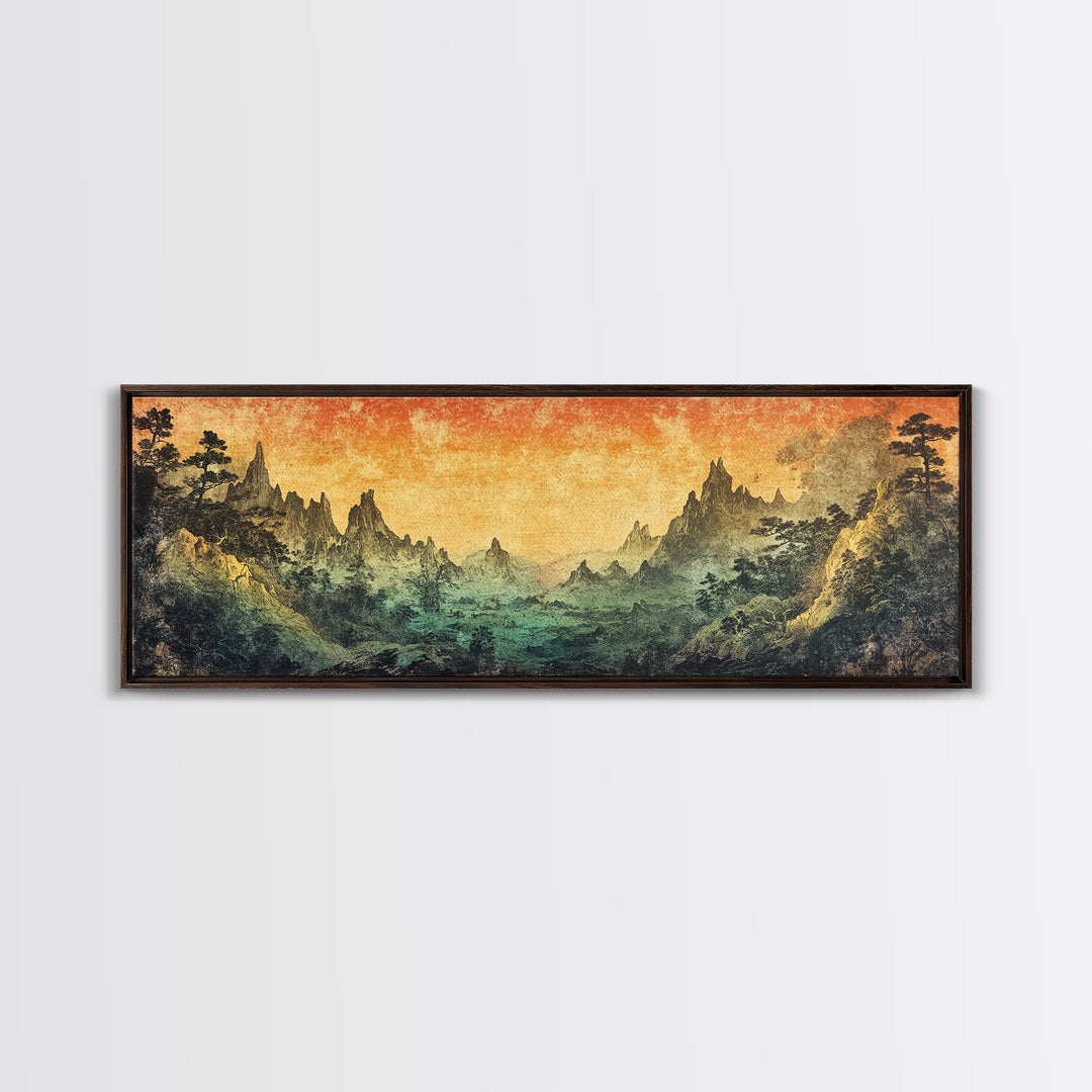 Mystical Mountain Valley At Sunset Canvas Print, Asian Landscape Wall Art, Moody Nature Decor, Panoramic Living Room Art