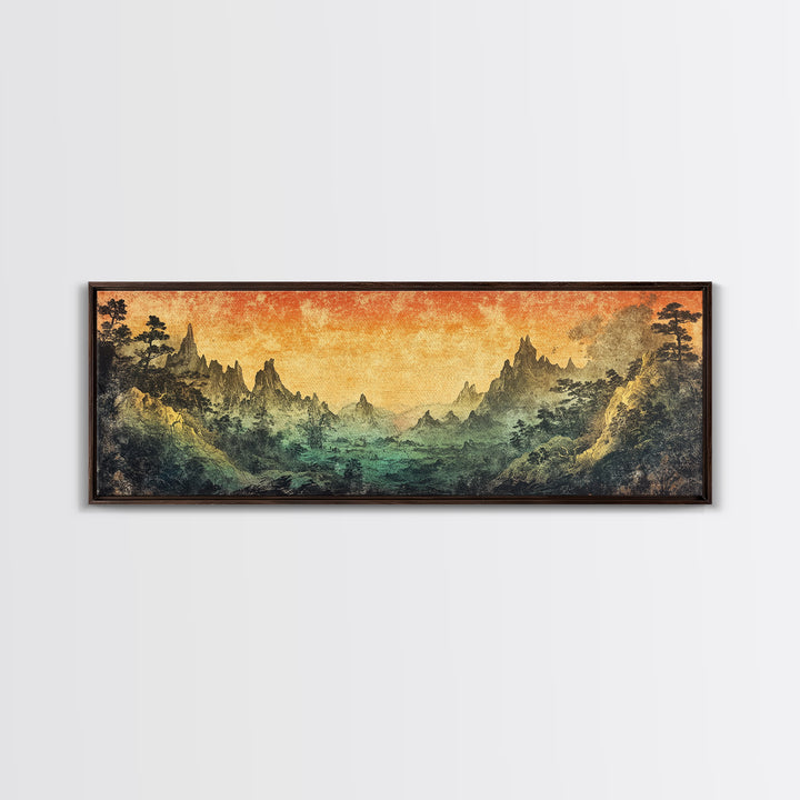 Mystical Mountain Valley At Sunset Canvas Print, Asian Landscape Wall Art, Moody Nature Decor, Panoramic Living Room Art